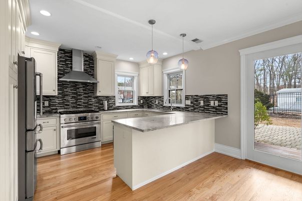 Interior, Kitchen, Pendant Lights, Recessed Lighting, Stainless Steel Appliances, Wood Texture Flooring
