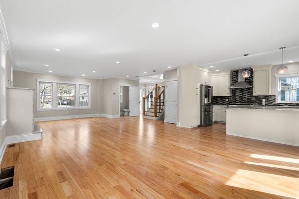 Empty room, Interior, Kitchen, Pendant Lights, Recessed Lighting, Wood Texture Flooring