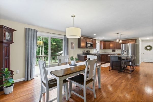 Dining room, Interior, Kitchen, Pendant Lights, Recessed Lighting, Stainless Steel Appliances, Wood Texture Flooring