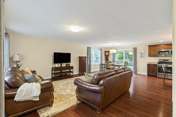 Dining room, Interior, Kitchen, Living room, Recessed Lighting, Stainless Steel Appliances, Wood Texture Flooring