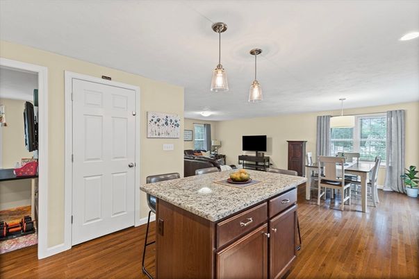 Dining room, Interior, Pendant Lights, Recessed Lighting, Wood Texture Flooring