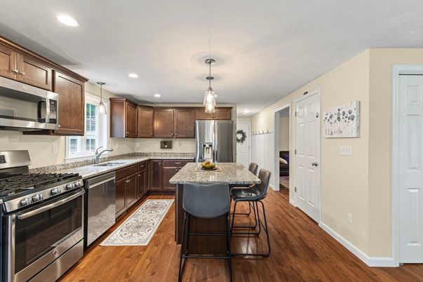 Interior, Kitchen, Pendant Lights, Recessed Lighting, Stainless Steel Appliances, Wood Texture Flooring