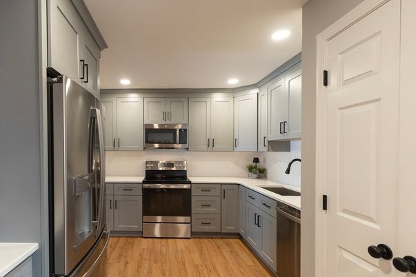 Interior, Kitchen, Recessed Lighting, Stainless Steel Appliances, Wood Texture Flooring
