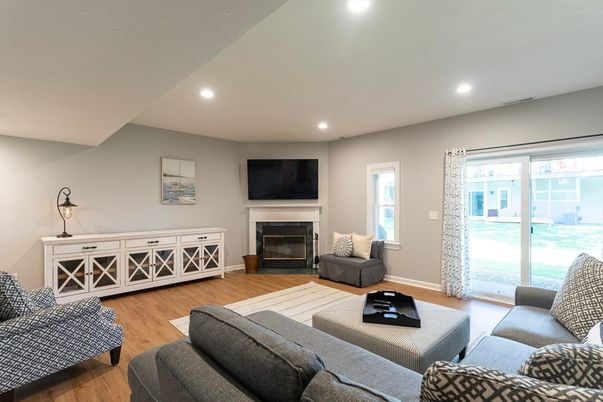 Fireplace, Interior, Living room, Recessed Lighting, Wood Texture Flooring