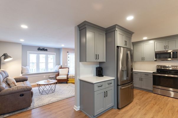 Interior, Kitchen, Living room, Recessed Lighting, Stainless Steel Appliances, Wood Texture Flooring