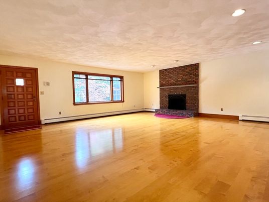 Empty room, Fireplace, Interior, Recessed Lighting, Stone Walls, Wood Texture Flooring