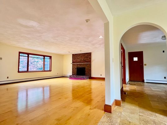 Empty room, Fireplace, Interior, Recessed Lighting, Wood Texture Flooring