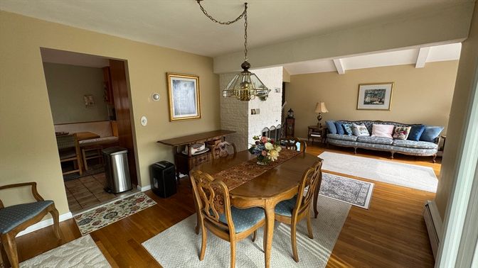 Dining room, Interior, Living room, Pendant Lights, Wood Texture Flooring