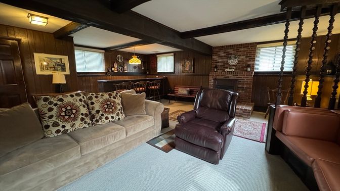 Fireplace, Interior, Living room, Pendant Lights, Stone Walls, Wooden Walls
