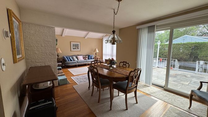 Dining room, Interior, Living room, Pendant Lights, Wood Texture Flooring