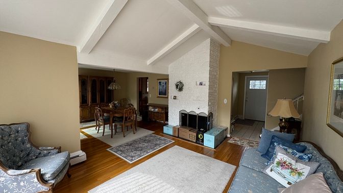 Dining room, Fireplace, Interior, Living room, Wood Texture Flooring