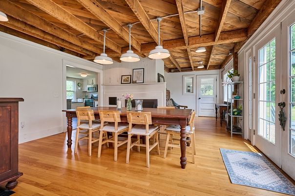 Dining room, Fireplace, Interior, Pendant Lights, Wooden Beams, Wooden Ceilings, Wood Texture Flooring