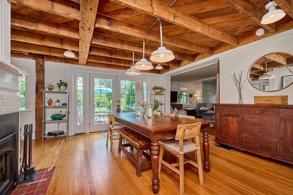 Dining room, Fireplace, Interior, Pendant Lights, Wooden Beams, Wooden Ceilings, Wood Texture Flooring