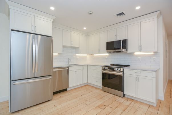 Interior, Kitchen, Recessed Lighting, Stainless Steel Appliances, Wood Texture Flooring