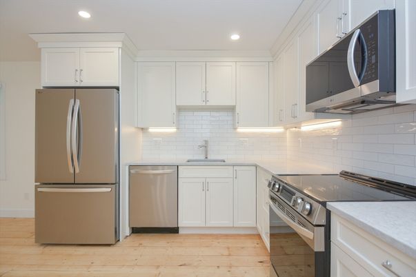 Interior, Kitchen, Recessed Lighting, Stainless Steel Appliances, Wood Texture Flooring