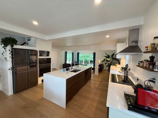 Interior, Kitchen, Recessed Lighting, Stainless Steel Appliances, Wood Texture Flooring