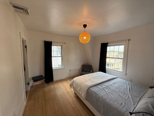 Bedroom, Interior, Pendant Lights, Wood Texture Flooring