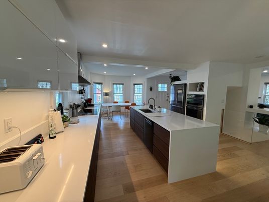 Dining room, Interior, Kitchen, Recessed Lighting, Wood Texture Flooring