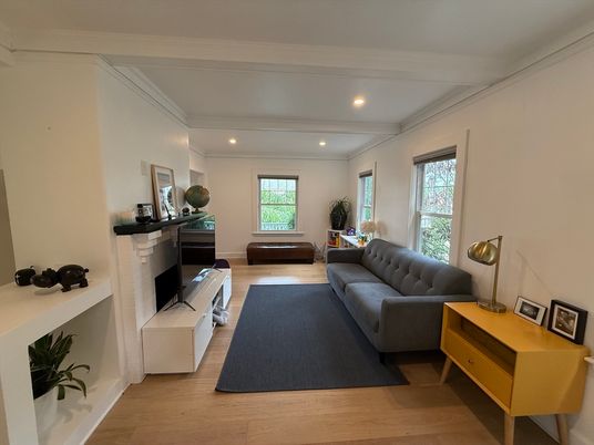 Fireplace, Interior, Living room, Recessed Lighting, Wood Texture Flooring