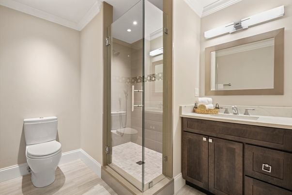 Bathroom, Glass Shower, Interior, Recessed Lighting, Wood Texture Flooring