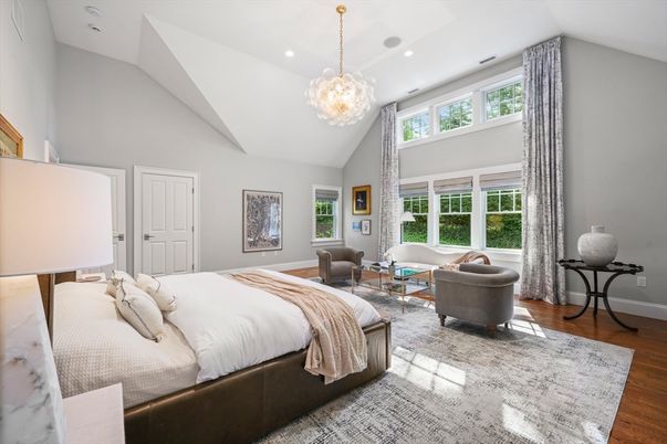 Bedroom, Chandelier, Interior, Recessed Lighting, Wood Texture Flooring