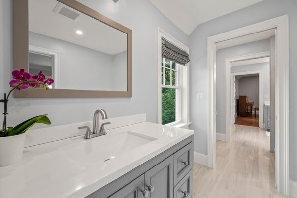 Bathroom, Dual Sink Vanities, Interior, Recessed Lighting, Wood Texture Flooring
