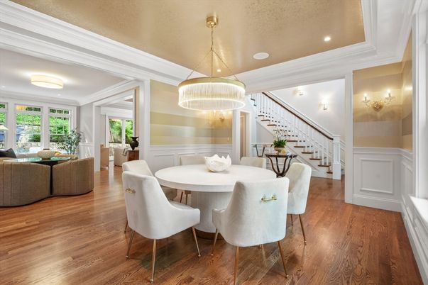 Dining room, Interior, Pendant Lights, Recessed Lighting, Wood Texture Flooring