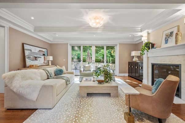Chandelier, Fireplace, Interior, Living room, Recessed Lighting, Wood Texture Flooring