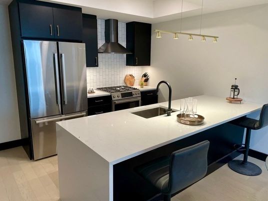 Interior, Kitchen, Pendant Lights, Stainless Steel Appliances, Wood Texture Flooring