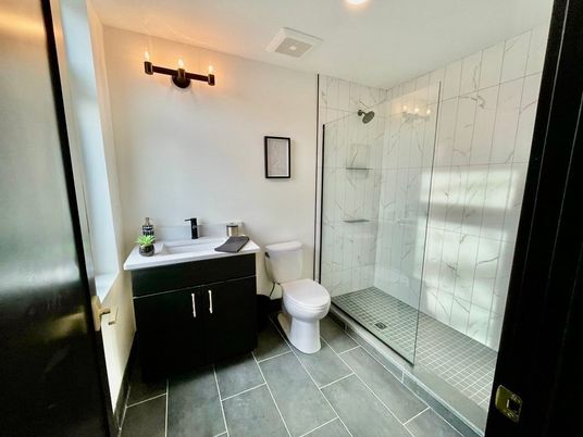 Bathroom, Glass Shower, Interior, Marble Walls, Recessed Lighting