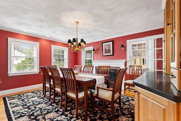 Chandelier, Dining room, Fireplace, Interior, Recessed Lighting, Wood Texture Flooring
