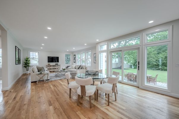 Dining room, Interior, Living room, Recessed Lighting, Wood Texture Flooring