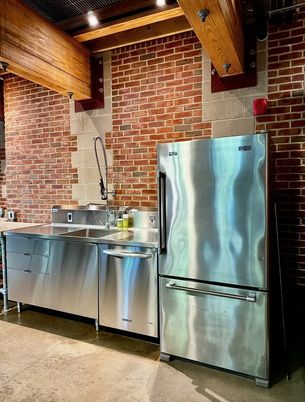 Interior, Kitchen, Recessed Lighting, Stainless Steel Appliances, Stone Walls