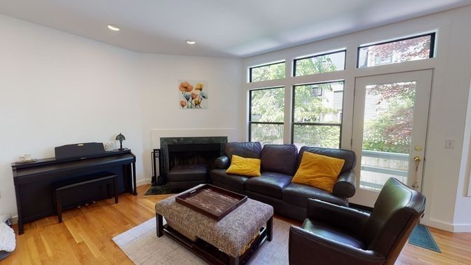 Fireplace, Interior, Living room, Piano, Recessed Lighting, Wood Texture Flooring