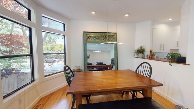 Dining room, Interior, Pendant Lights, Recessed Lighting, Wood Texture Flooring