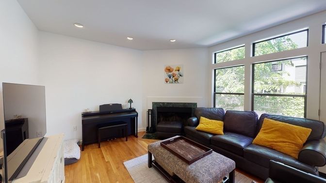 Fireplace, Interior, Living room, Piano, Recessed Lighting, Wood Texture Flooring