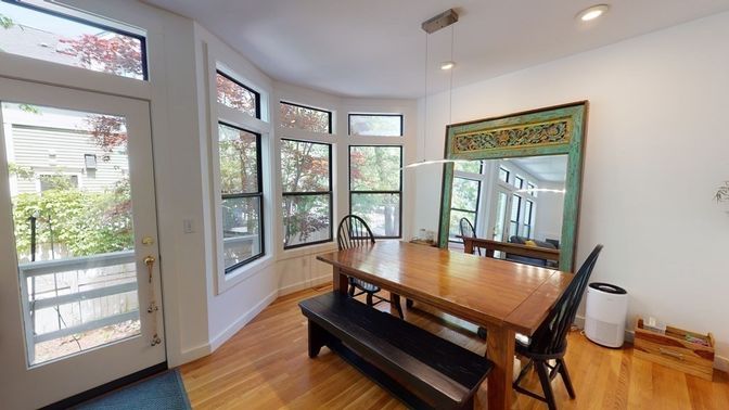 Dining room, Interior, Pendant Lights, Recessed Lighting, Wood Texture Flooring