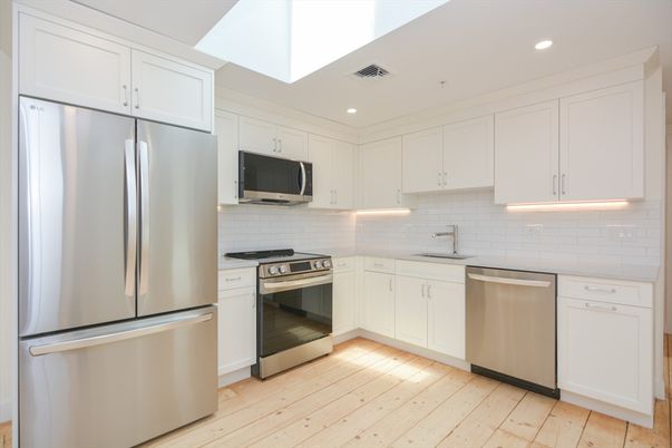 Interior, Kitchen, Recessed Lighting, Stainless Steel Appliances, Wood Texture Flooring