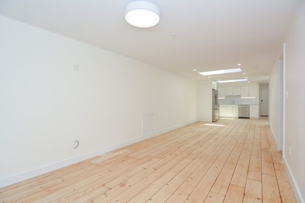 Empty room, Interior, Kitchen, Recessed Lighting, Wood Texture Flooring