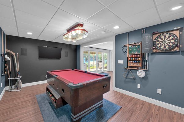 Billiard Table, Game Room, Interior, Recessed Lighting, Wood Texture Flooring