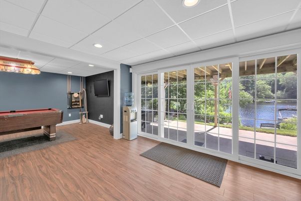 Billiard Table, Game Room, Interior, Recessed Lighting, Water, Wood Texture Flooring