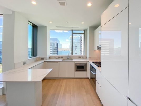 Interior, Kitchen, Recessed Lighting, Stainless Steel Appliances, Water, Wood Texture Flooring