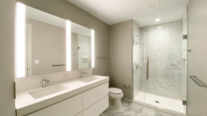 Bathroom, Glass Shower, Interior, Marble, Marble Walls, Recessed Lighting