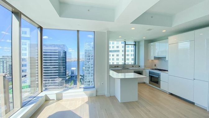 Interior, Kitchen, Recessed Lighting, Stainless Steel Appliances, Water, Wood Texture Flooring