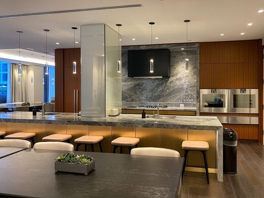 Interior, Kitchen, Marble Walls, Pendant Lights, Recessed Lighting, Wood Texture Flooring