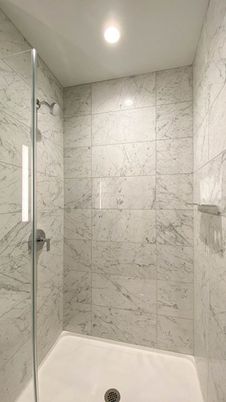 Bathroom, Glass Shower, Interior, Marble Walls, Recessed Lighting
