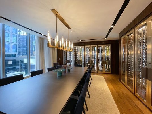 Dining room, Interior, Pendant Lights, Wine Storage, Wood Texture Flooring