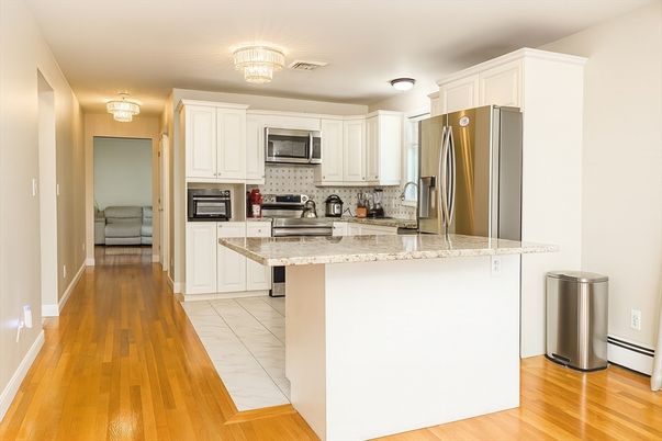 Chandelier, Interior, Kitchen, Stainless Steel Appliances, Wood Texture Flooring