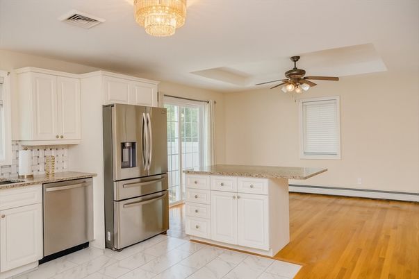 Chandelier, Interior, Kitchen, Marble, Stainless Steel Appliances, Wood Texture Flooring