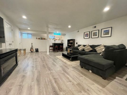 Fireplace, Interior, Living room, Recessed Lighting, Wood Texture Flooring